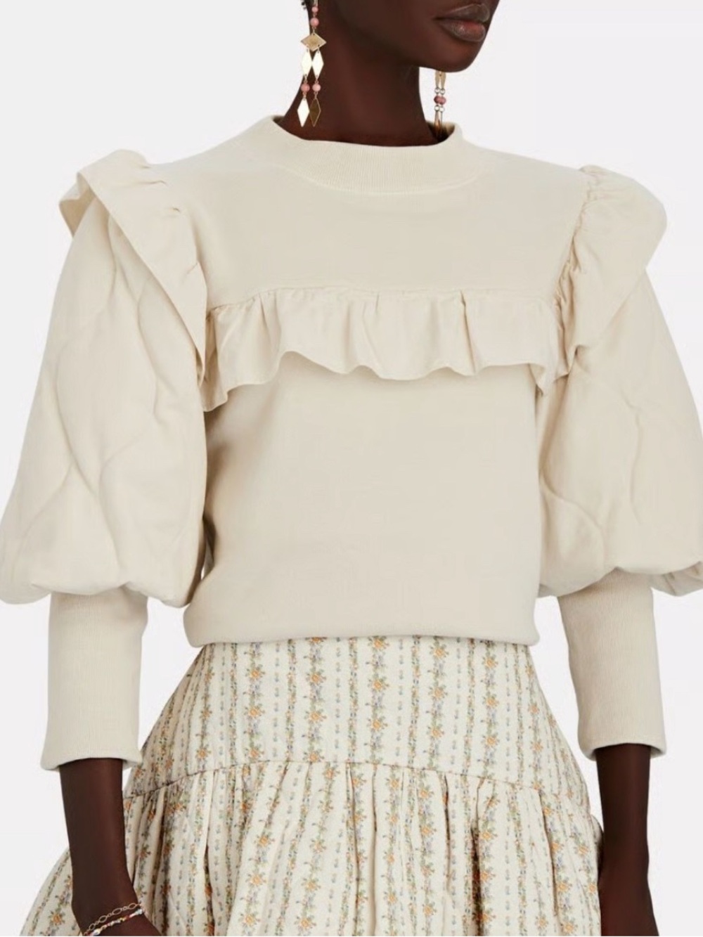 Sea New York Cream Ruffle Puff-Sleeve Sweatshirt